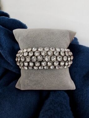Wide Multi-Row Rhinestone Stretch Bracelet | Silver Tone Statement Bling